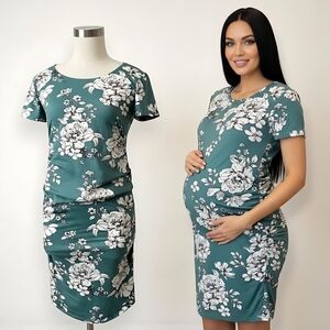 Maternity Floral Bodycon Dress Nine Britton Teal White Stretchy Soft Midi 1X